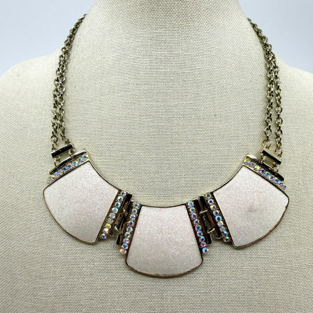 White Glitter Rhinestone Bib Necklace Gold Tone Iridescent Statement Jewelry